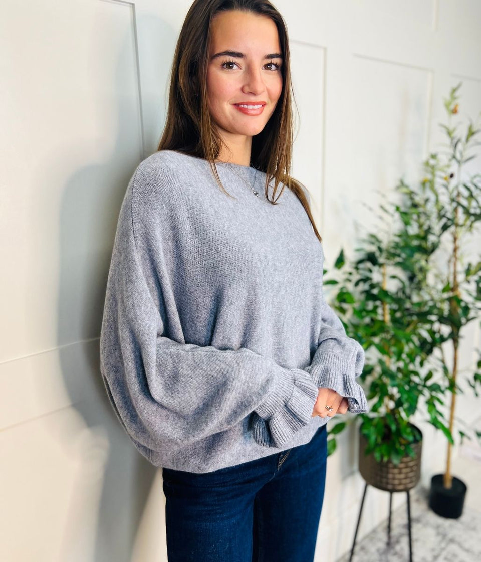 Grey Ruffle Sleeve Batwing Jumper