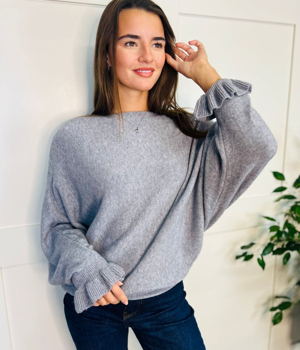 Grey Ruffle Sleeve Batwing Jumper