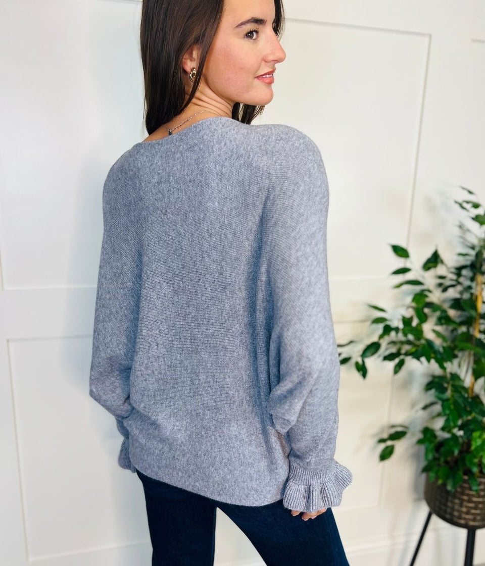 Grey Ruffle Sleeve Batwing Jumper