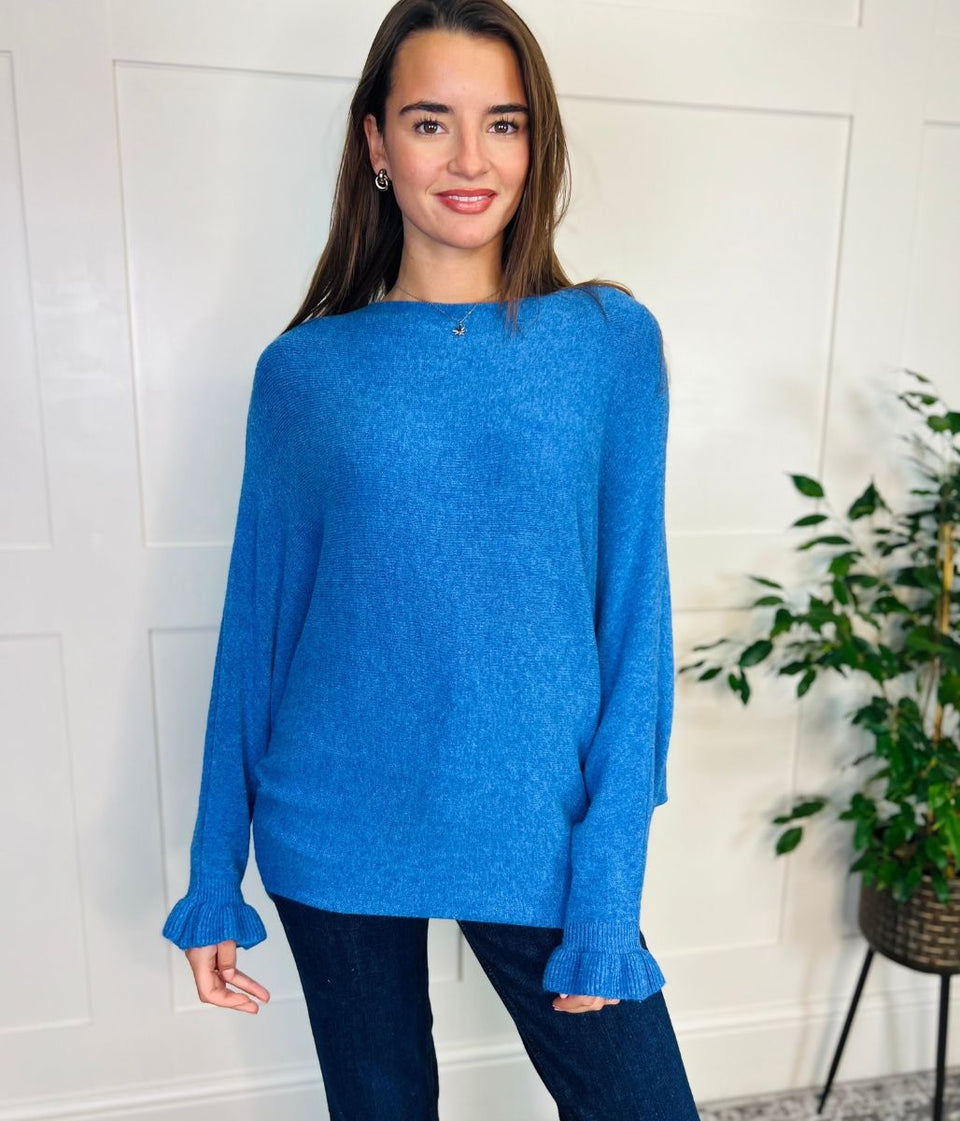 Blue Ruffle Sleeve Batwing Jumper