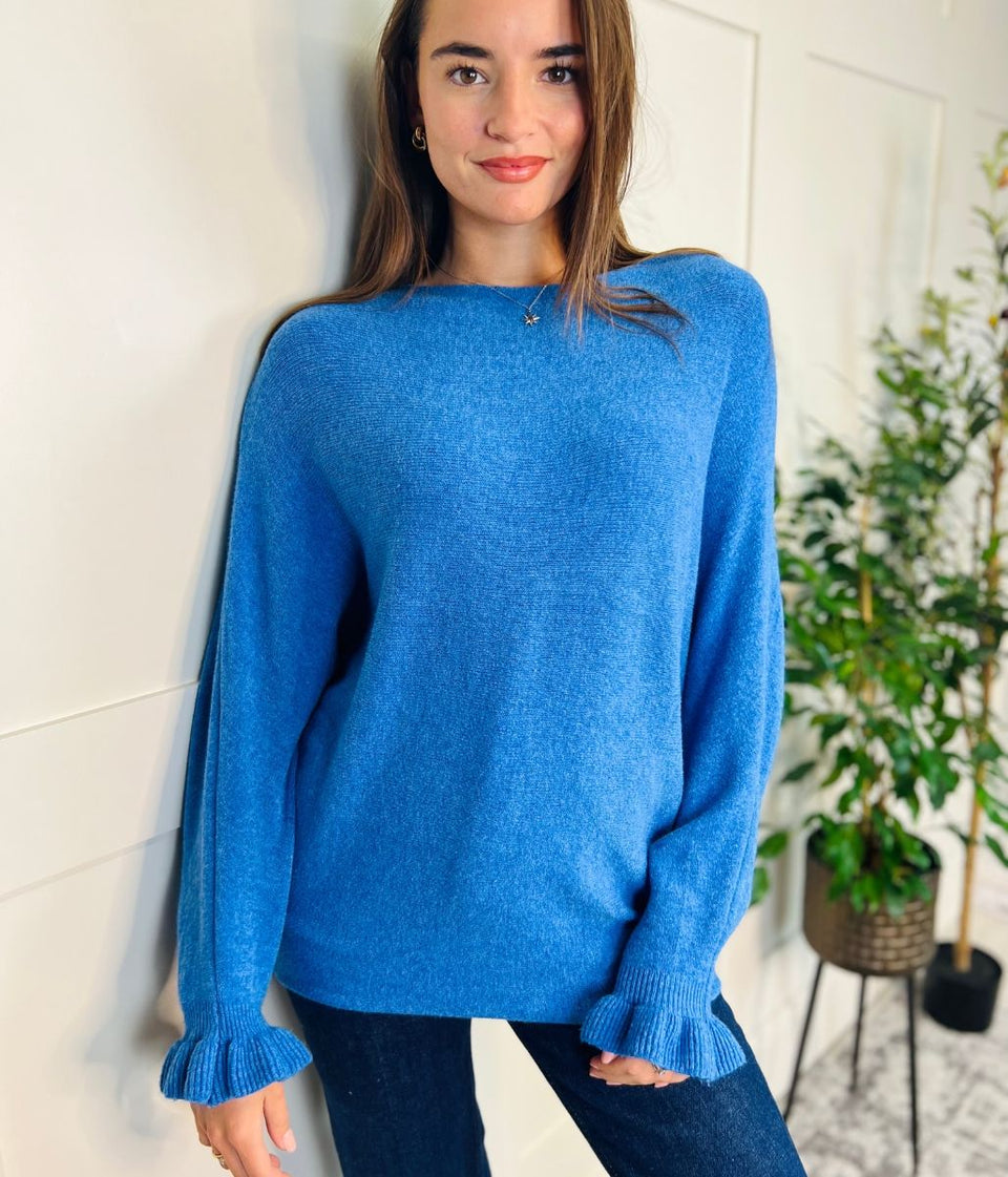 Blue Ruffle Sleeve Batwing Jumper