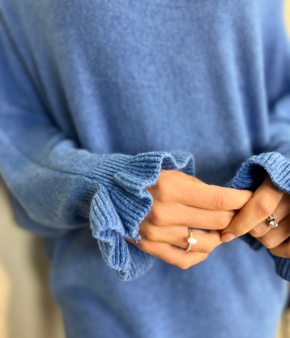 Blue Ruffle Sleeve Batwing Jumper