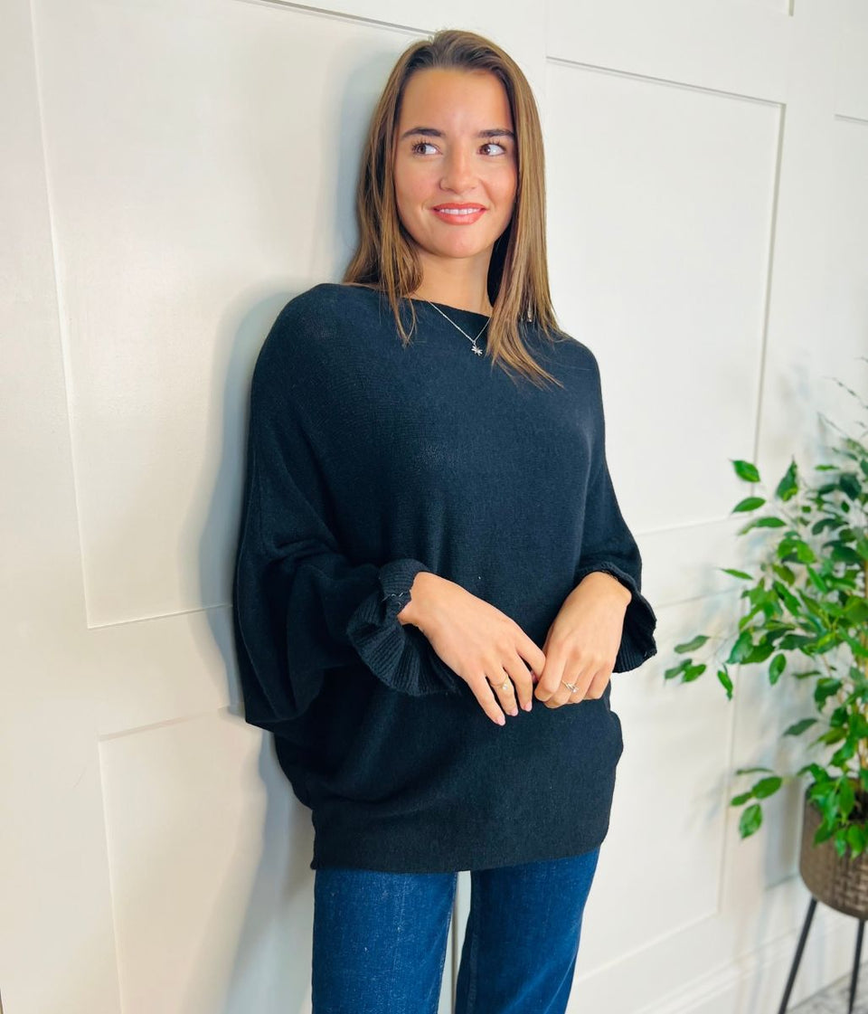 Black Ruffle Sleeve Batwing Jumper