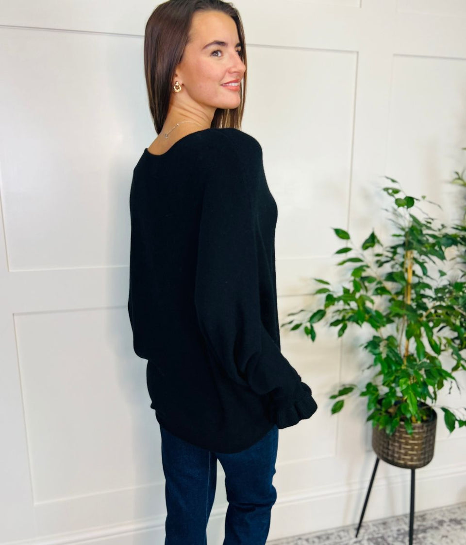 Black Ruffle Sleeve Batwing Jumper