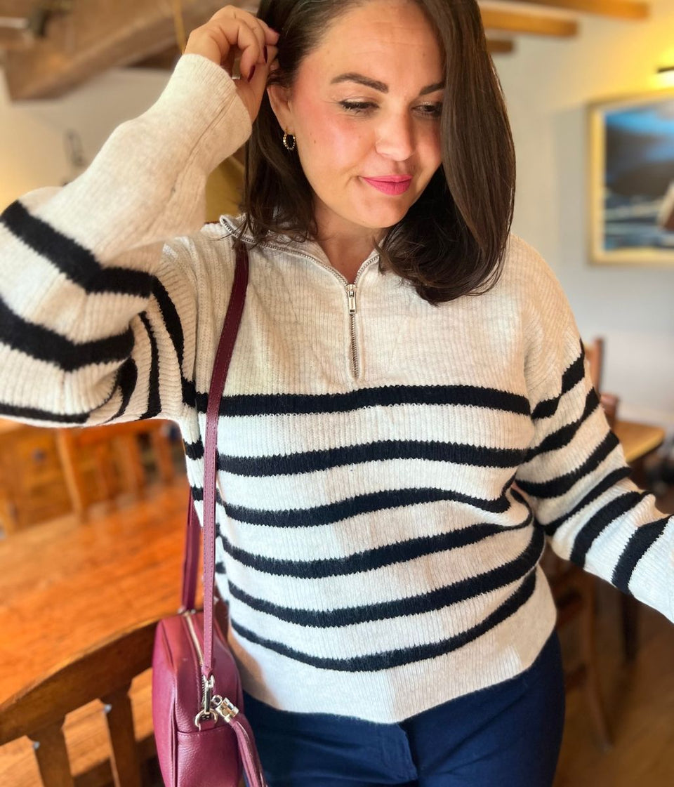 Ivory Half Striped 1/4 Zip Jumper