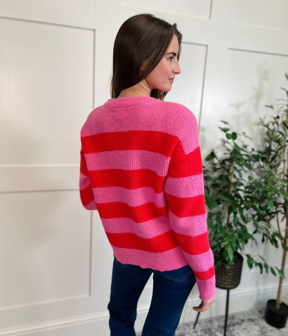 Pink Striped Crew Neck Jumper