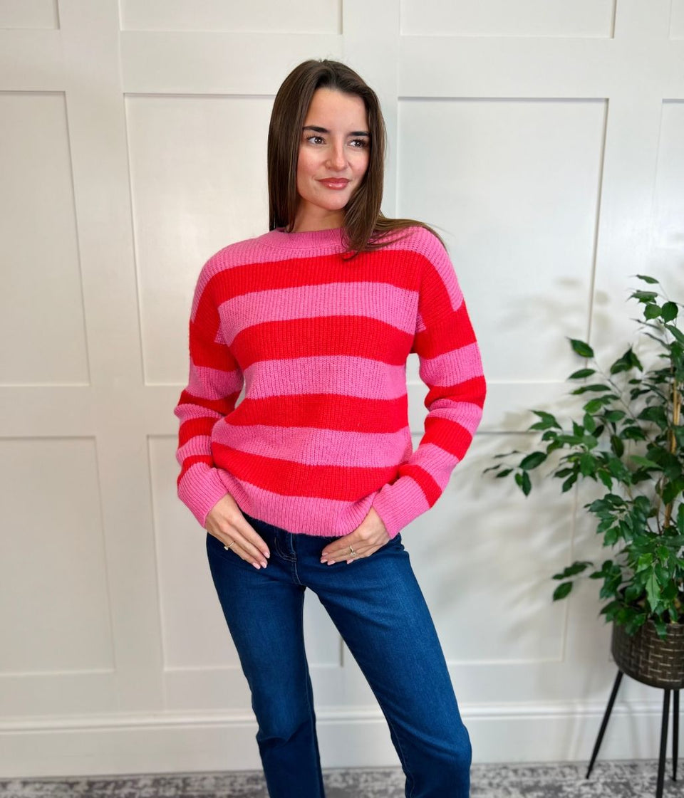 Pink Striped Crew Neck Jumper