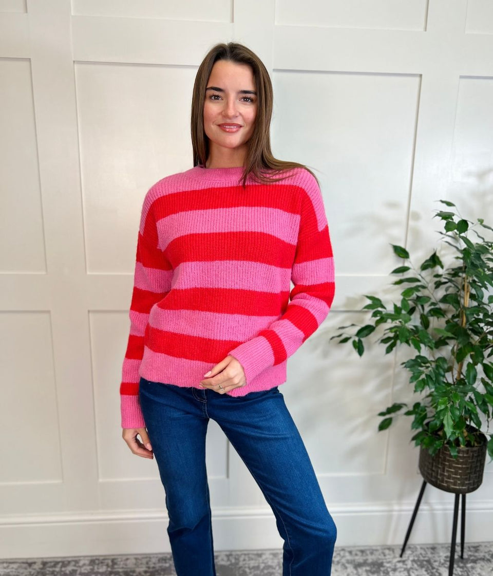 Pink Striped Crew Neck Jumper