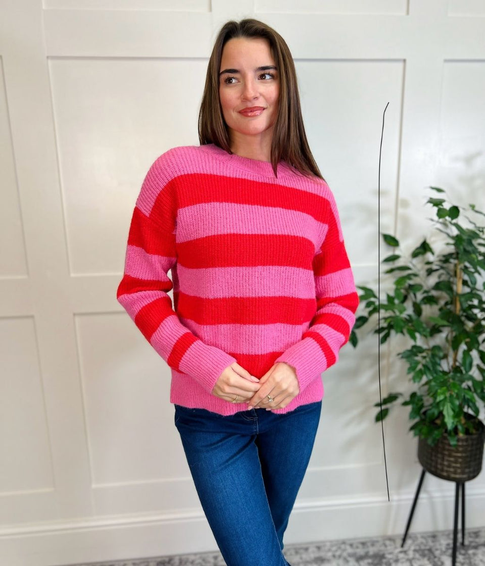 Pink Striped Crew Neck Jumper