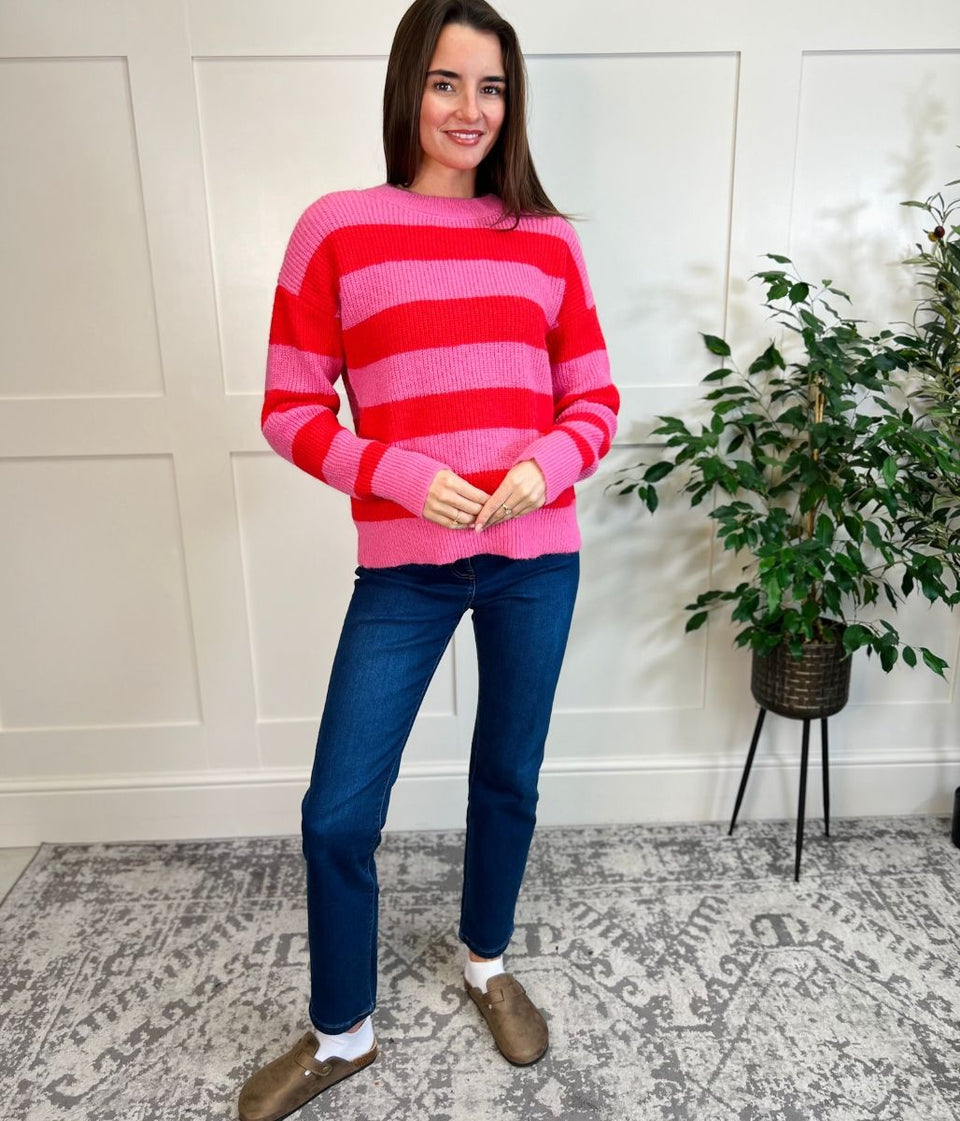 Pink Striped Crew Neck Jumper