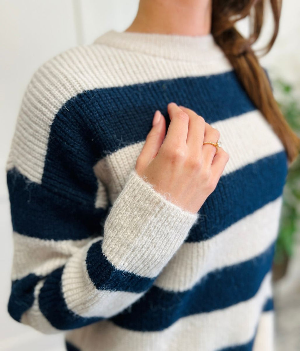 Navy Striped Crew Neck Jumper