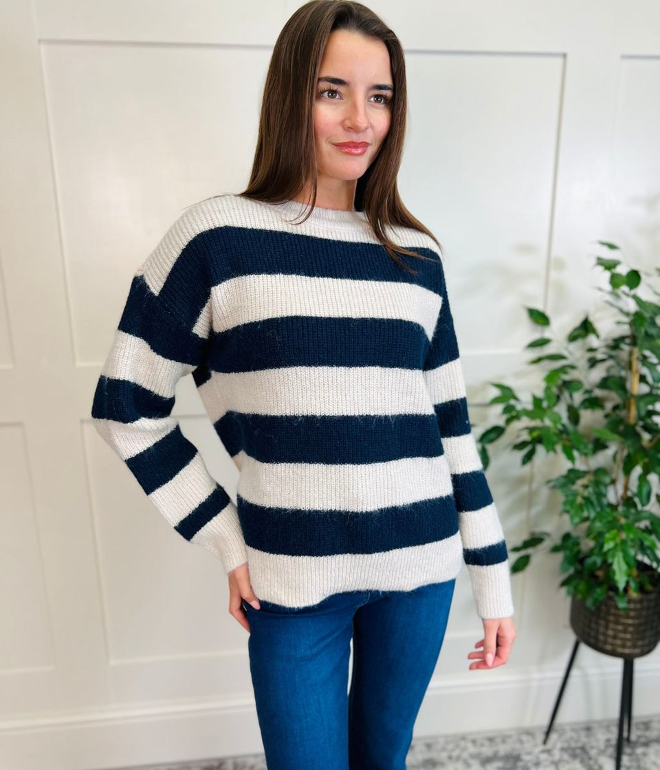 Navy Striped Crew Neck Jumper