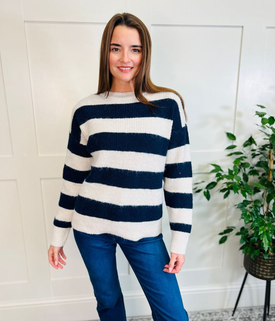 Navy Striped Crew Neck Jumper