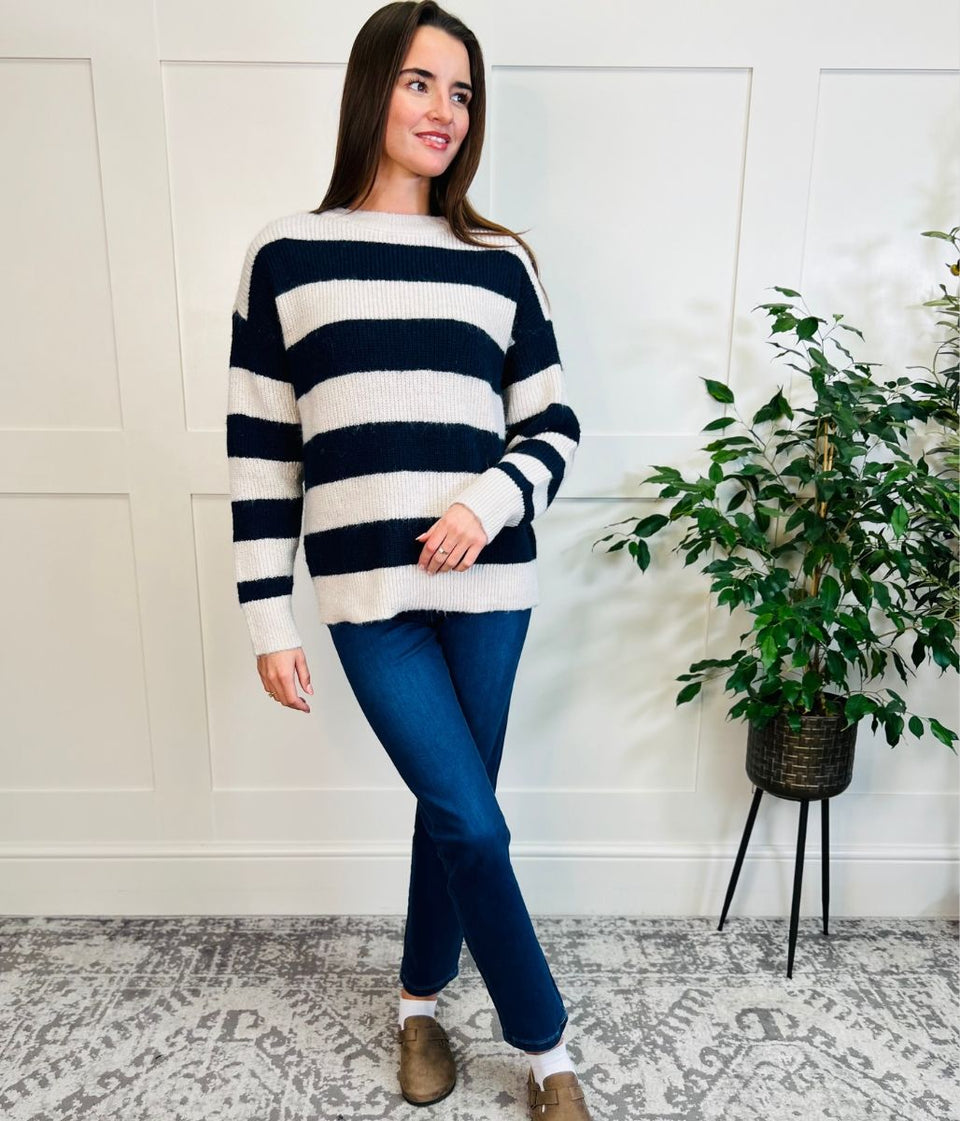 Navy Striped Crew Neck Jumper