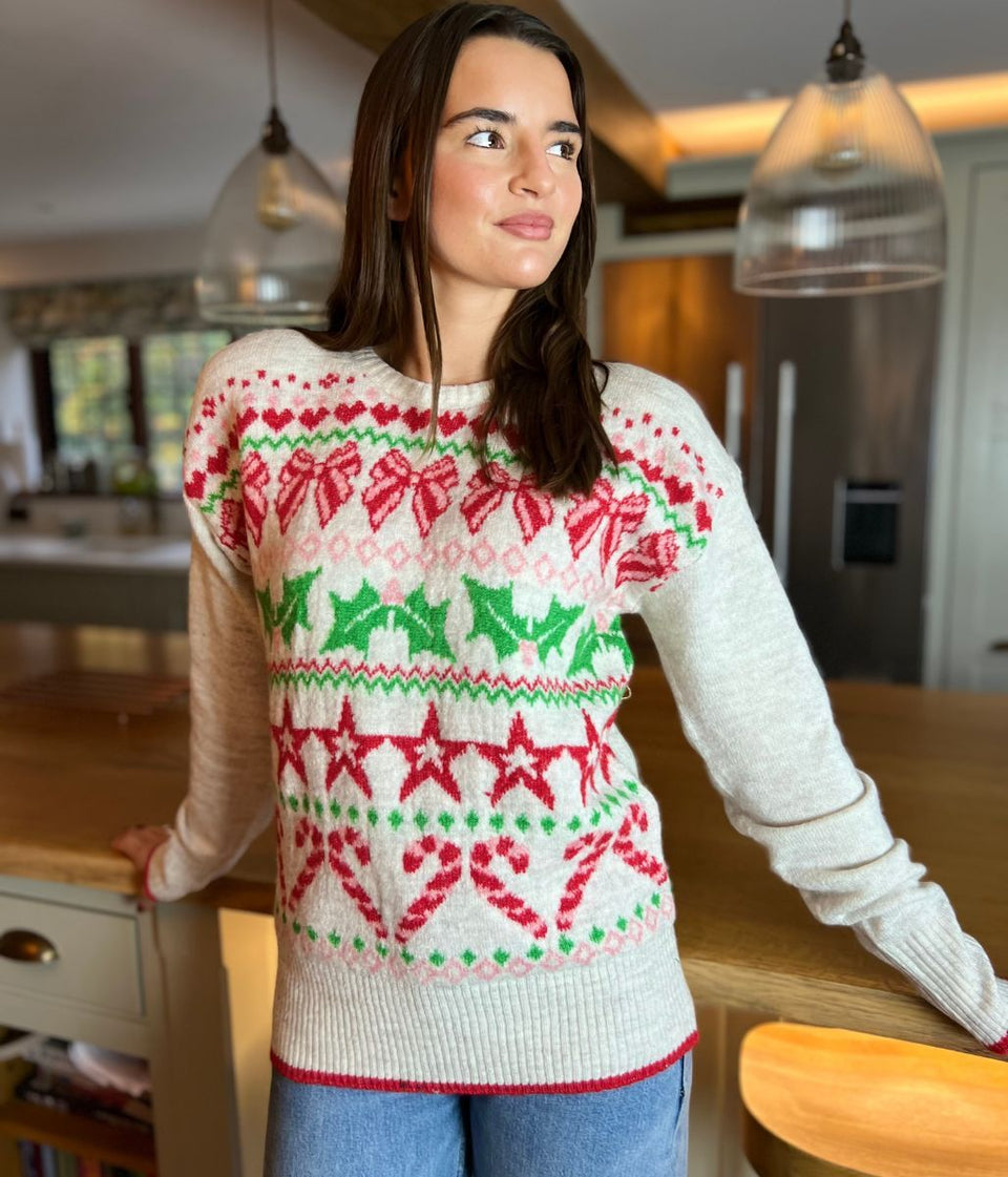 Ecru Candy Cane Christmas Jumper