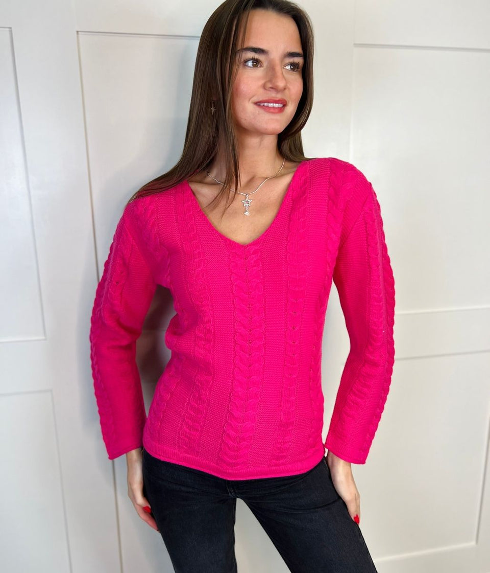 Pink V Neck Cable Jumper