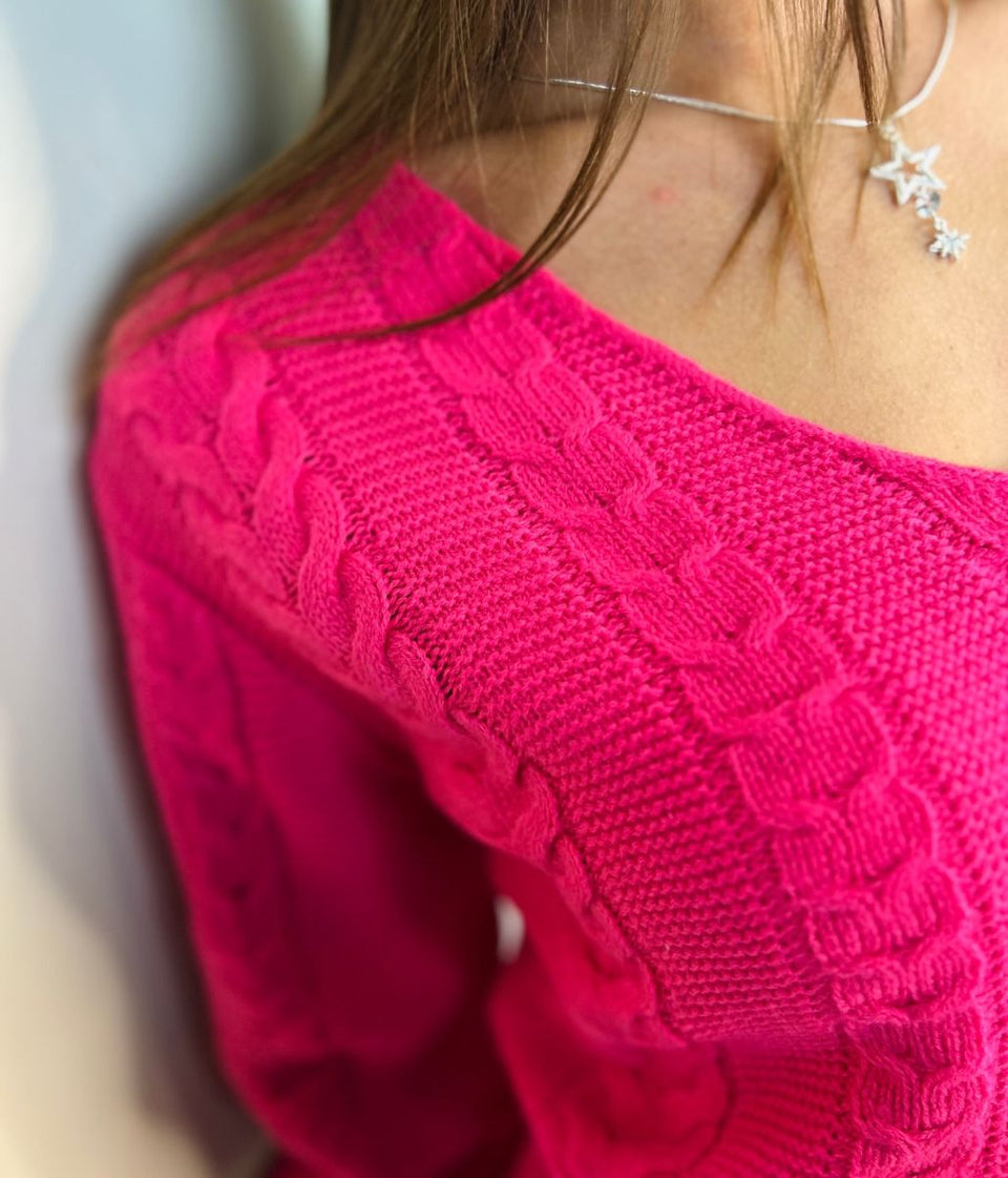 Pink V Neck Cable Jumper