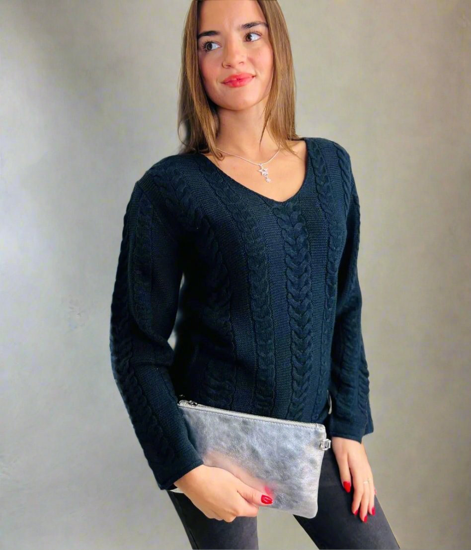 Black V Neck Cable Jumper