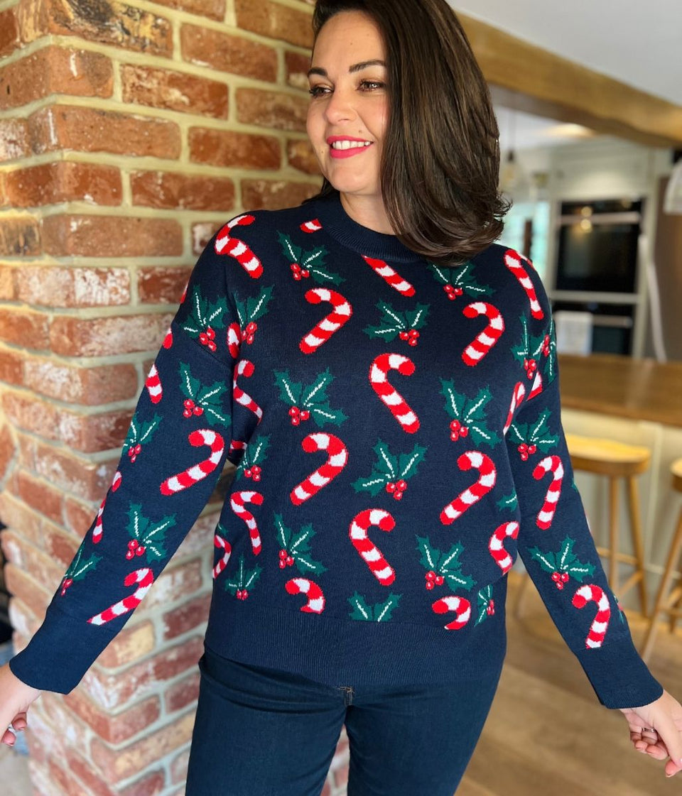 Navy Candy Cane & Holly Christmas Jumper