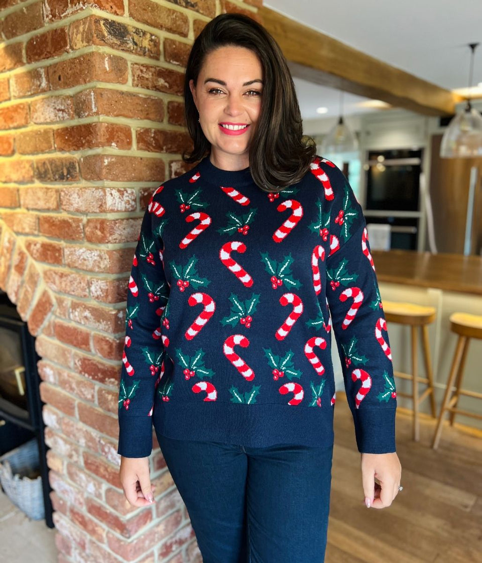 Navy Candy Cane & Holly Christmas Jumper