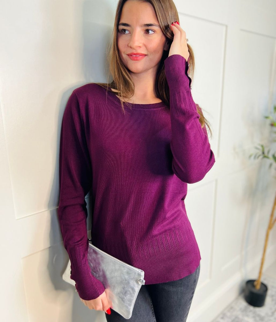 Burgundy Fine Knit Button Cuff Jumper