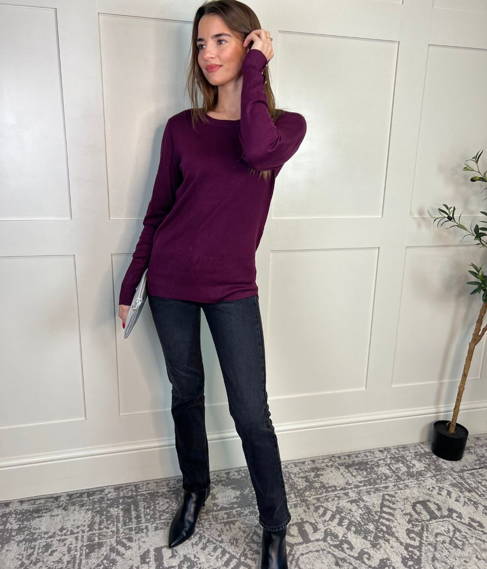 Burgundy Fine Knit Button Cuff Jumper