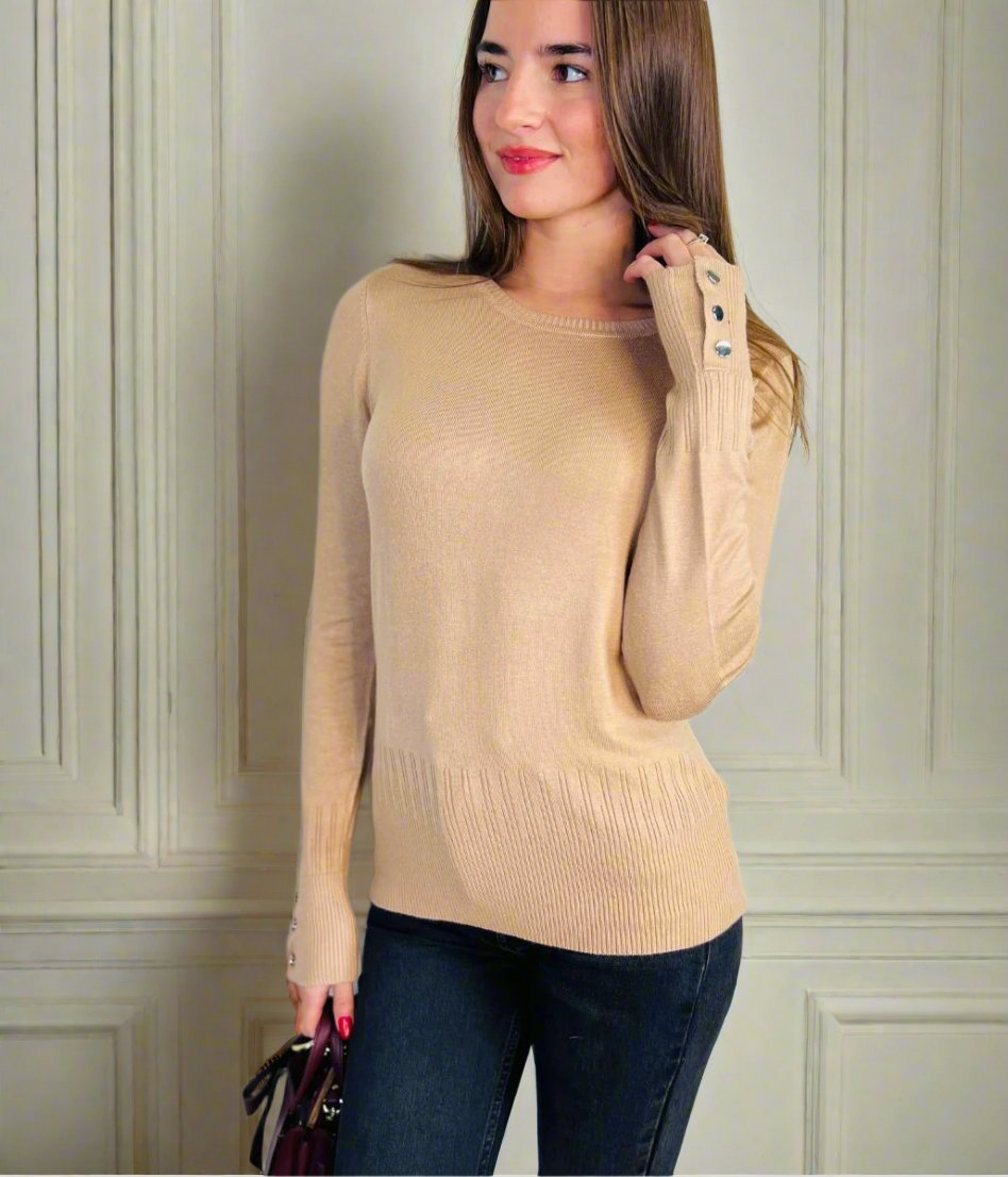 Camel button sleeve jumper