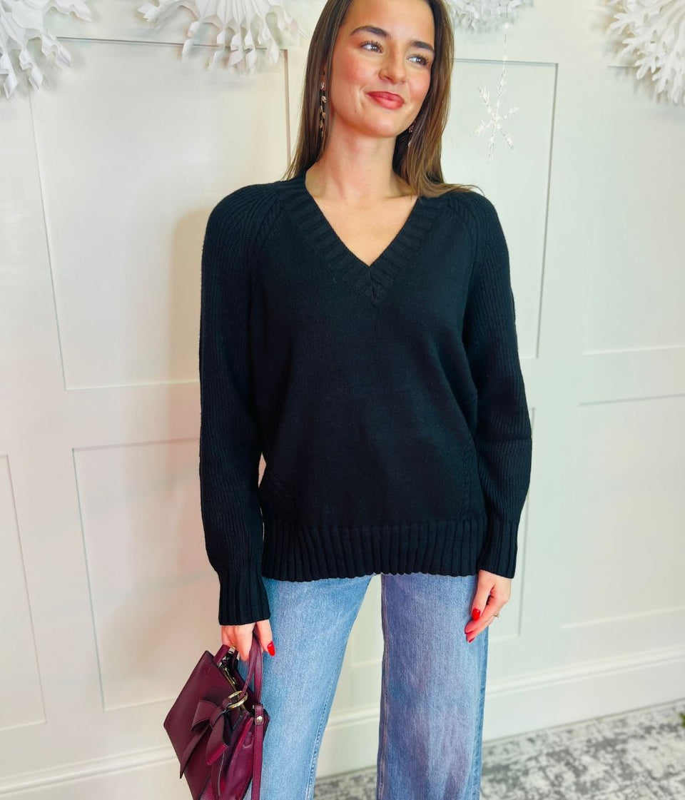 Black V Neck Contrast Jumper