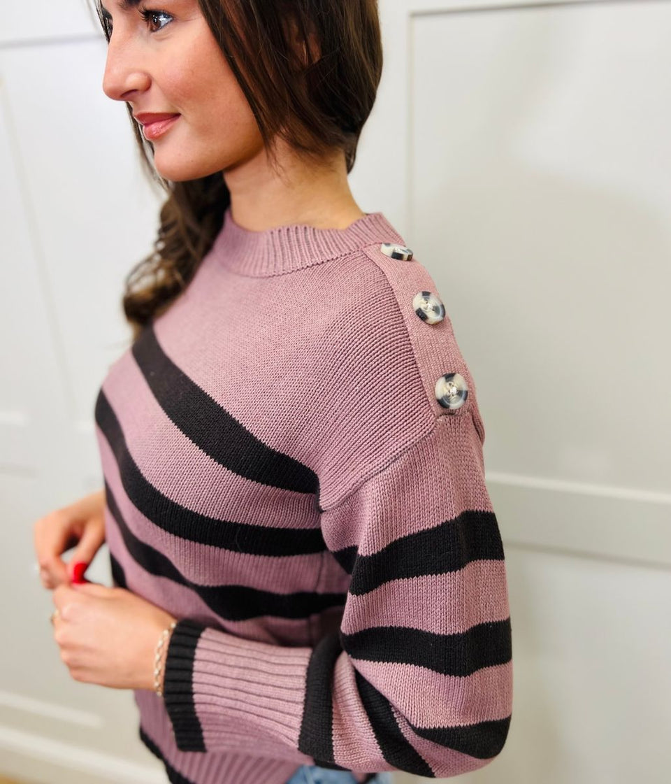 Pink Striped Button Shoulder Jumper