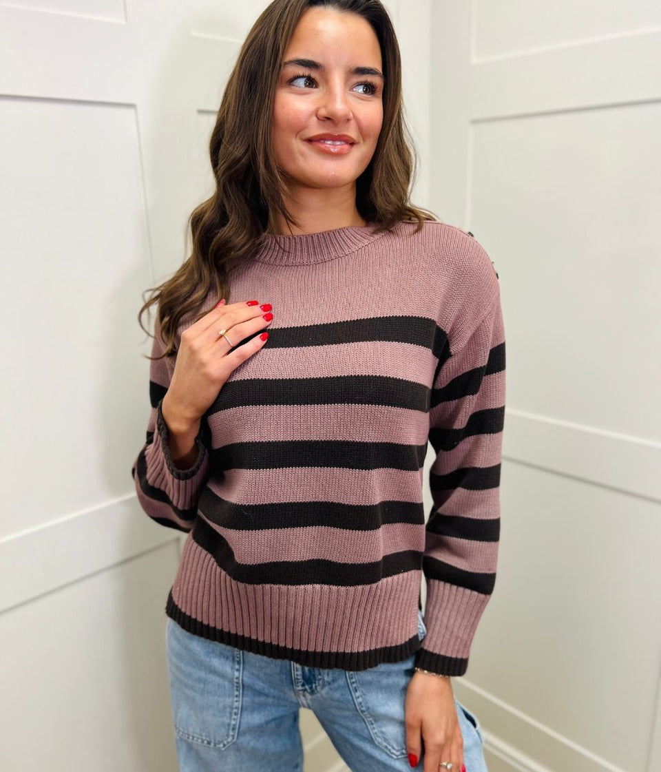 Pink Striped Button Shoulder Jumper