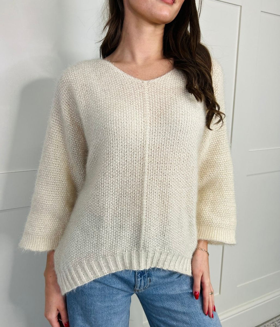 Ivory Textured V Neck Jumper