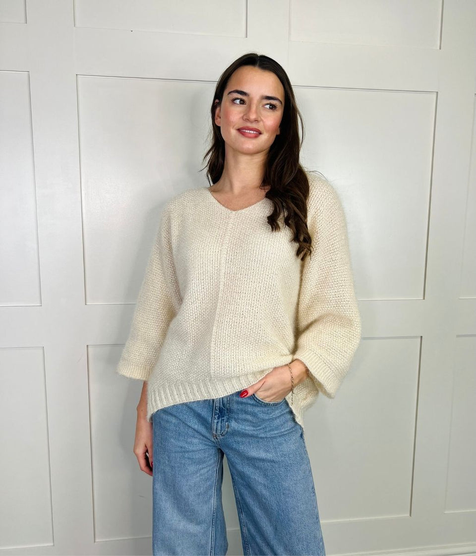 Ivory Textured V Neck Jumper