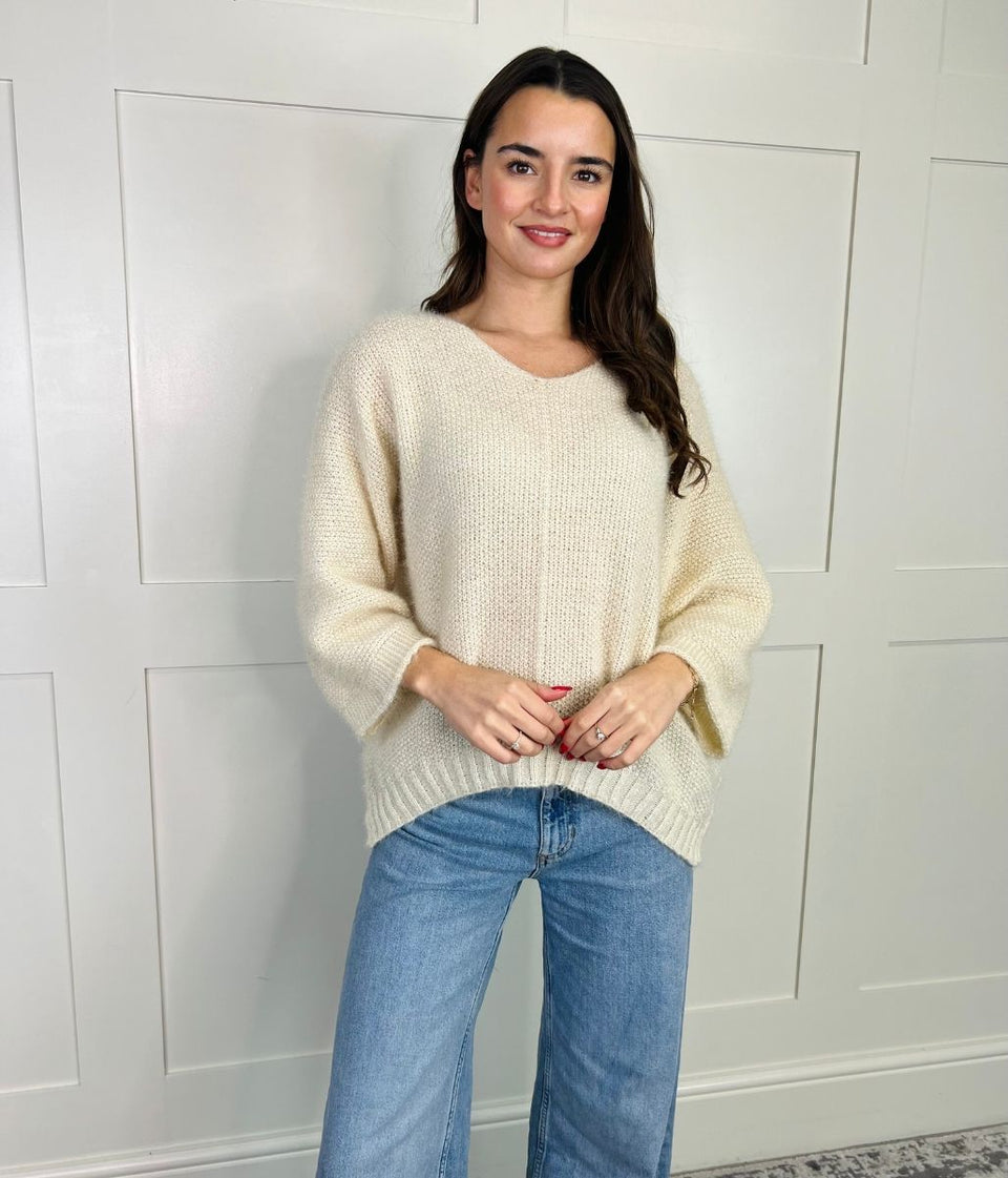 Ivory Textured V Neck Jumper