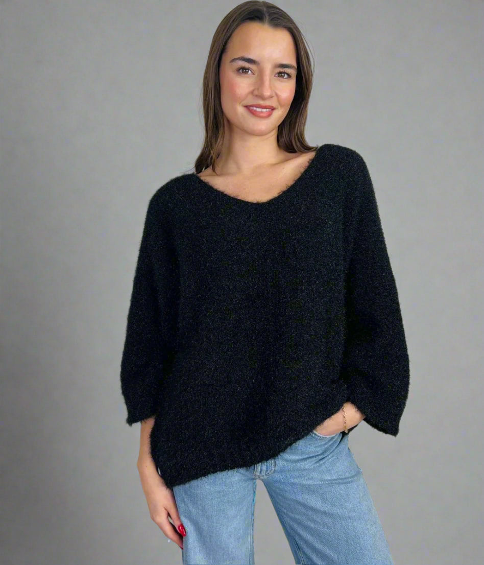 Black Textured V Neck Jumper