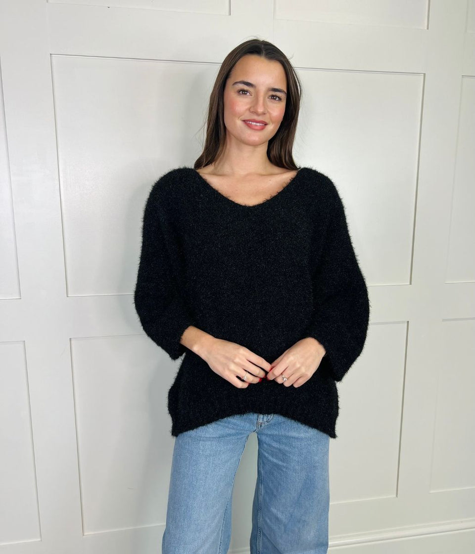 Black Textured V Neck Jumper