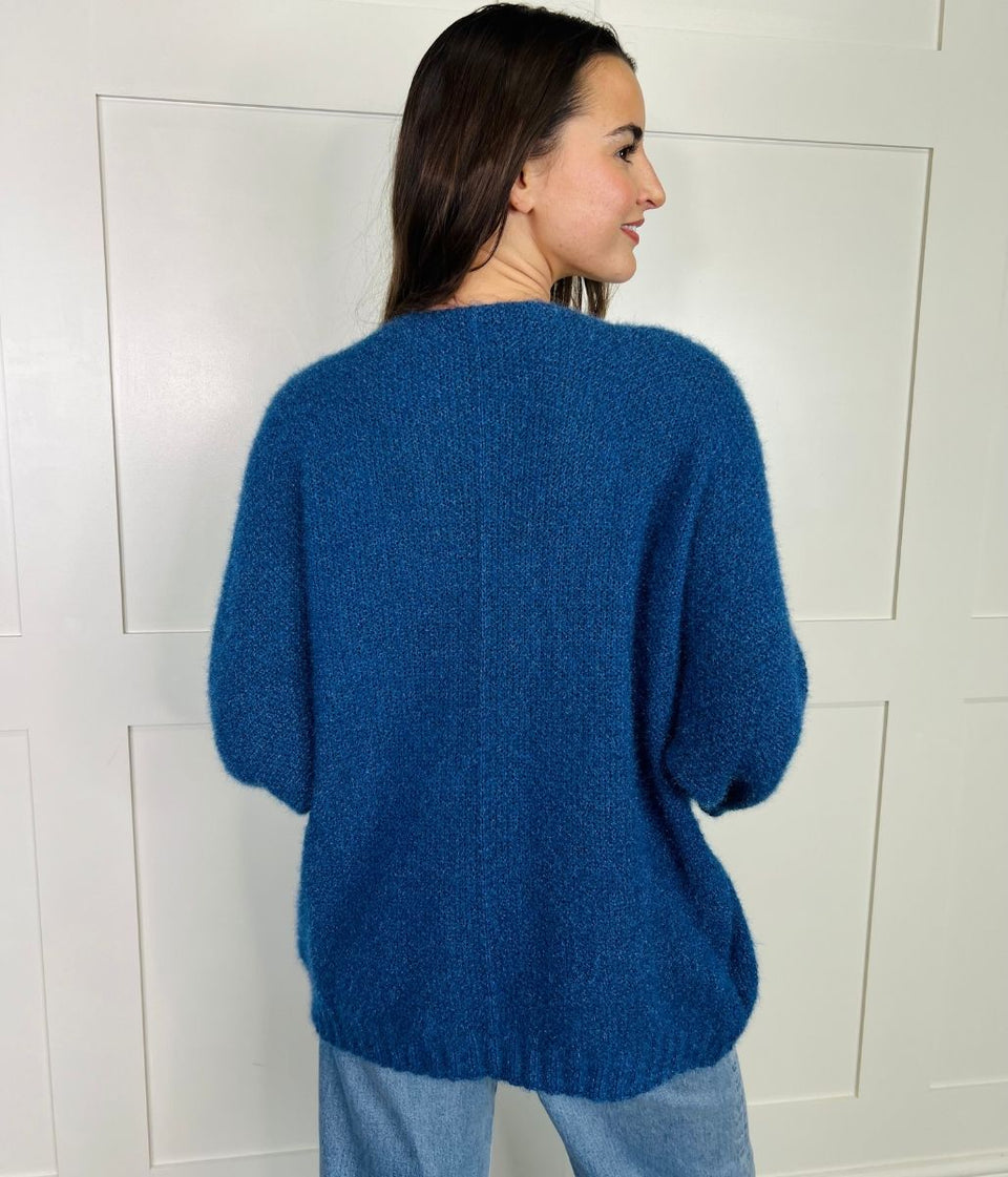 Blue Textured V Neck Jumper