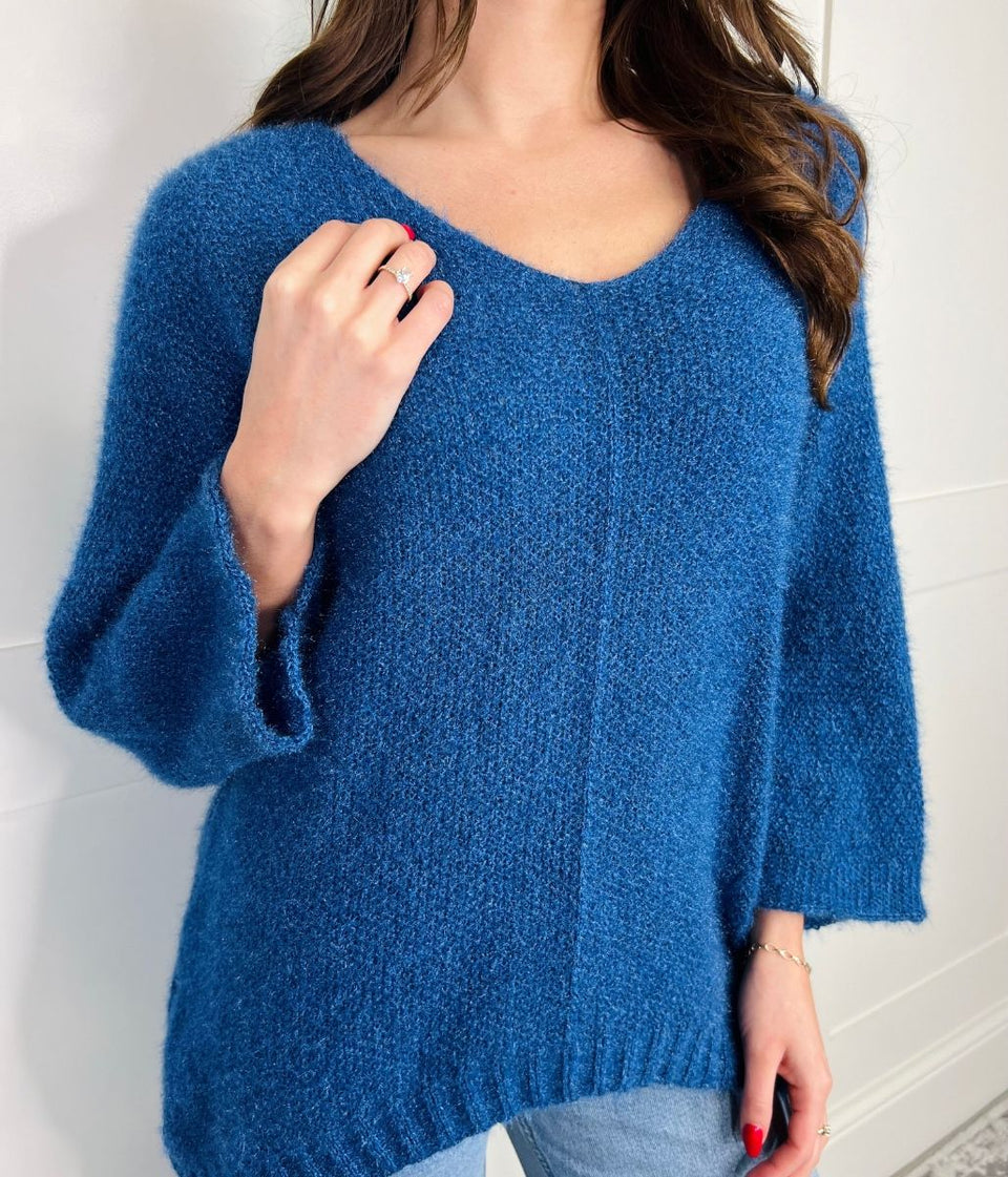 Blue Textured V Neck Jumper