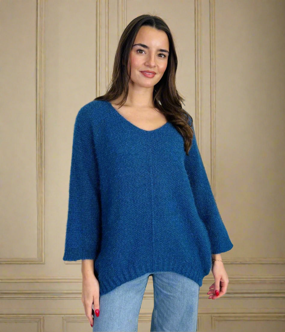 Blue Textured V Neck Jumper