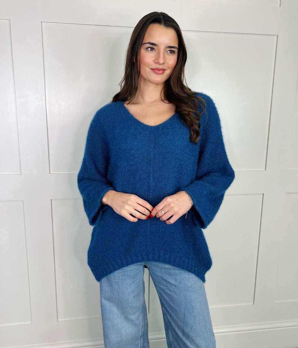 Blue Textured V Neck Jumper