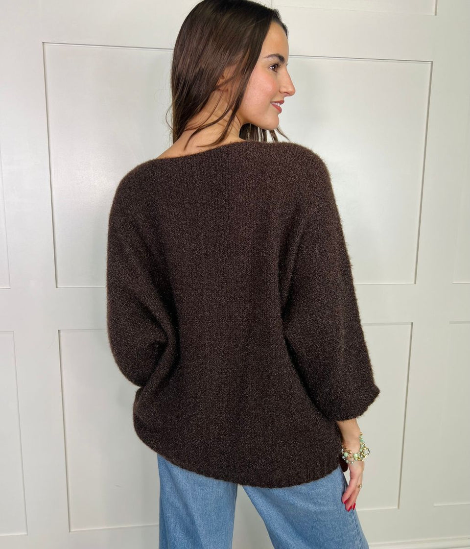 Chocolate Textured V Neck Jumper