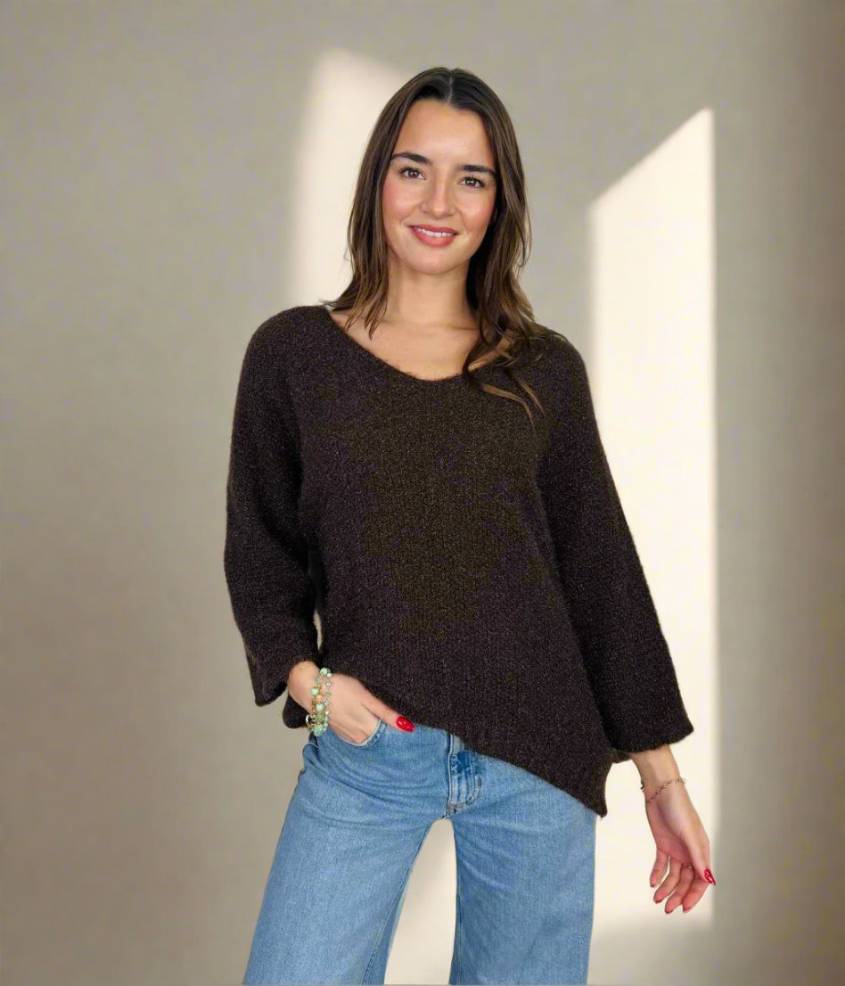 Chocolate Textured V Neck Jumper