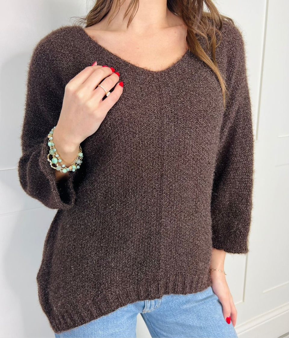 Chocolate Textured V Neck Jumper