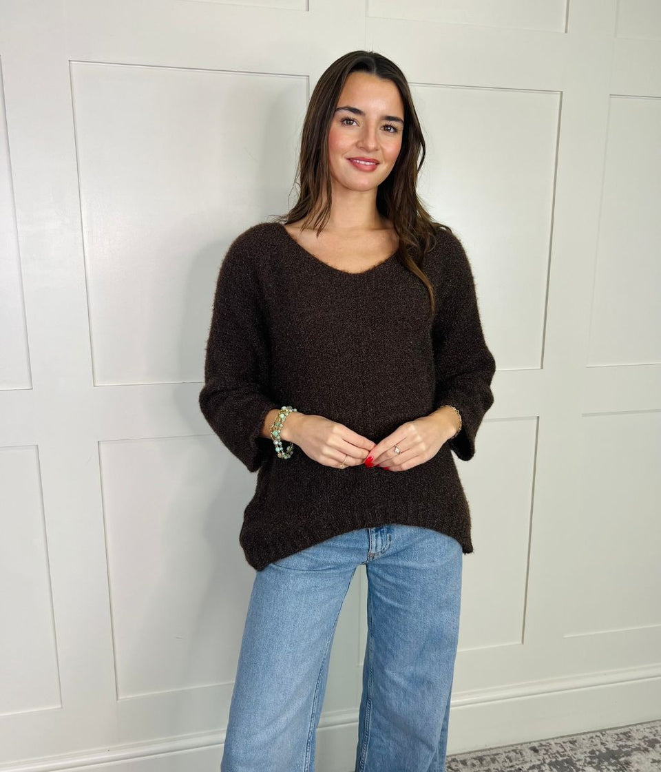 Chocolate Textured V Neck Jumper