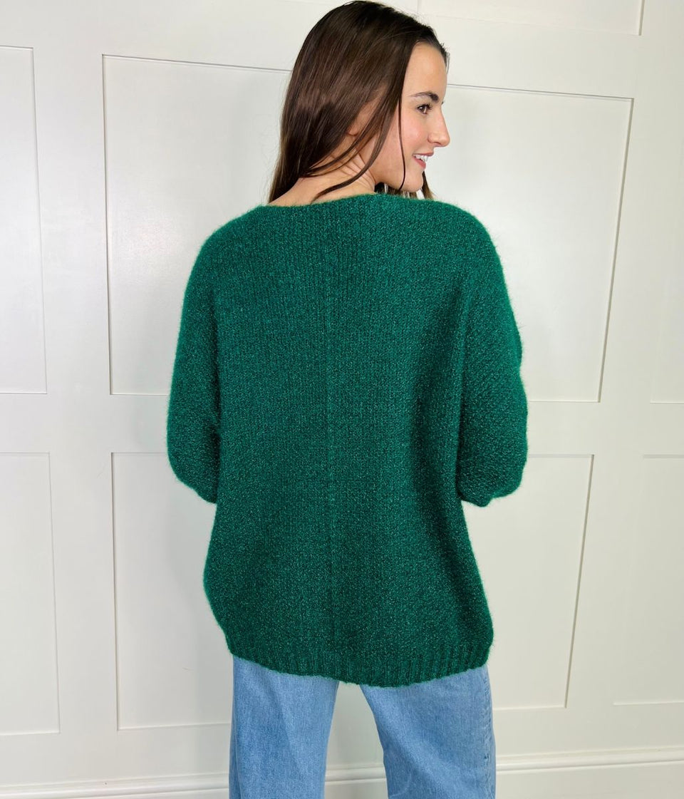 Green Textured V Neck Jumper