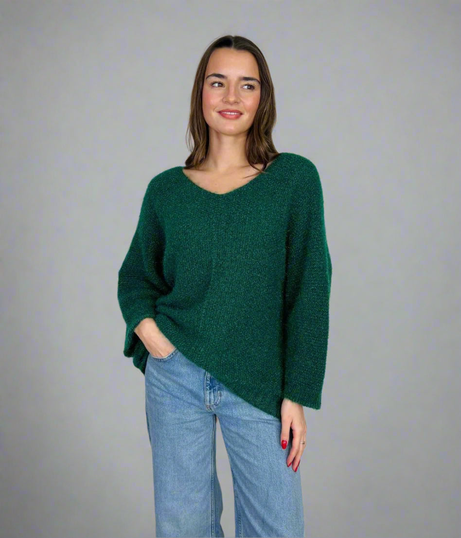 Green Textured V Neck Jumper