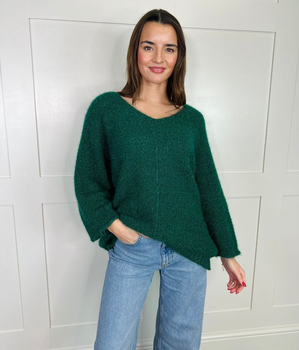 Green Textured V Neck Jumper