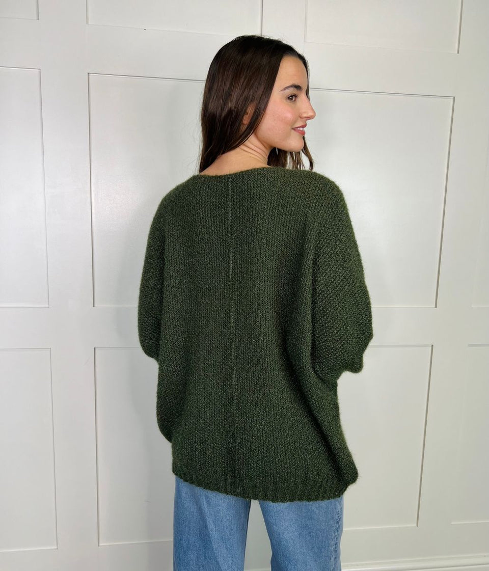 Khaki Textured V Neck Jumper