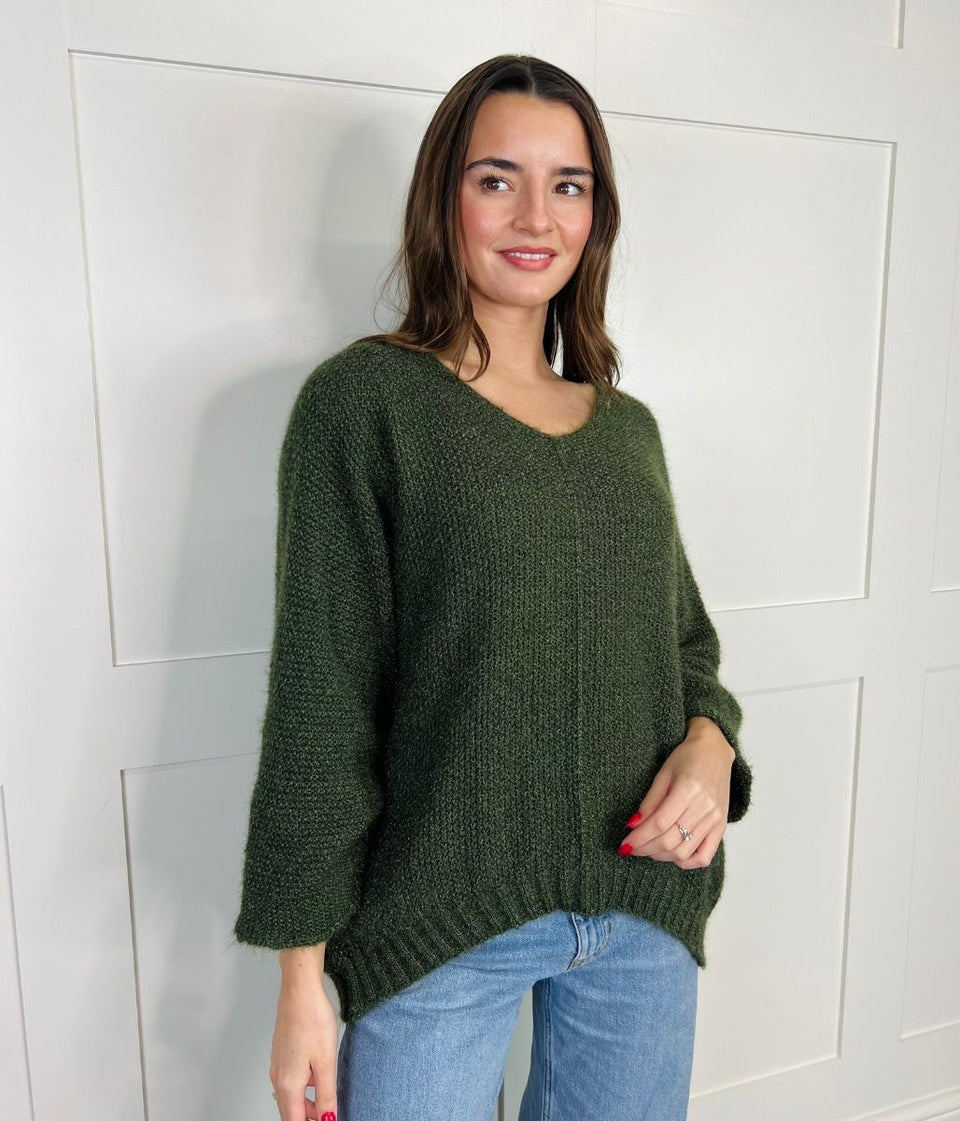 Khaki Textured V Neck Jumper