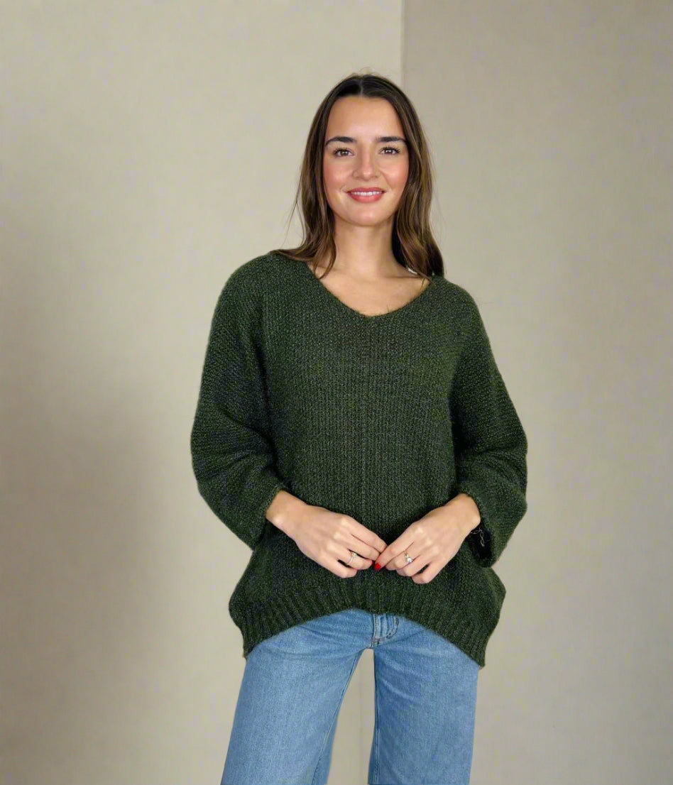 Khaki Textured V Neck Jumper