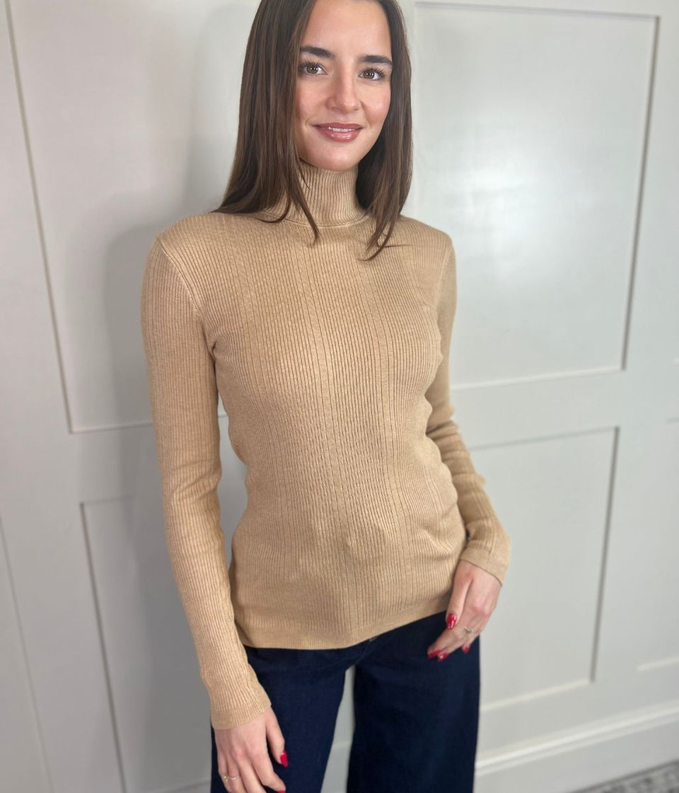 Biscuit Fine Ribbed Polo Jumper